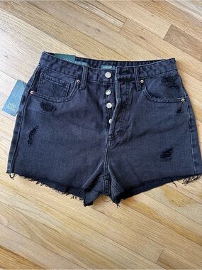 High-Rise Distressed Black Denim Shorts
